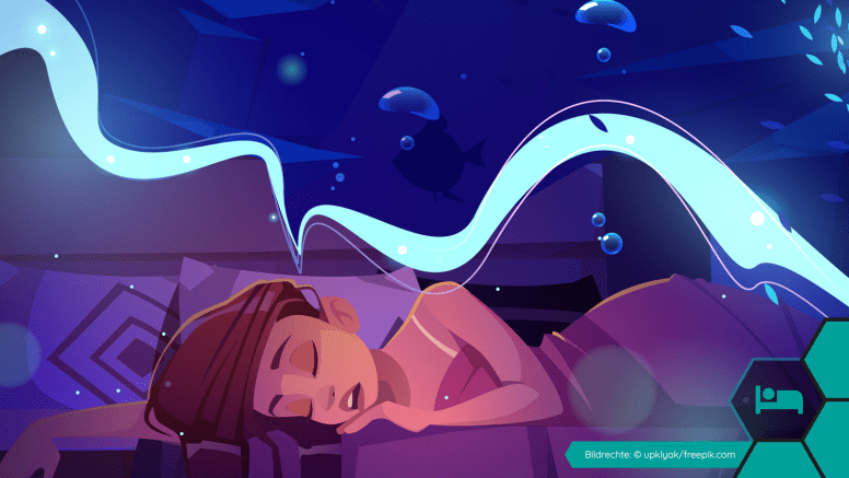 Einschlafen - Die Suche nach dem Sandmann. Im Comic--Stil gezeichnete junge Frau am schlafen und träumen.